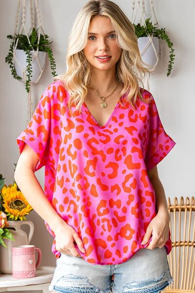 First Love Leopard V-Neck Short Sleeve Woven Top - AllIn Computer