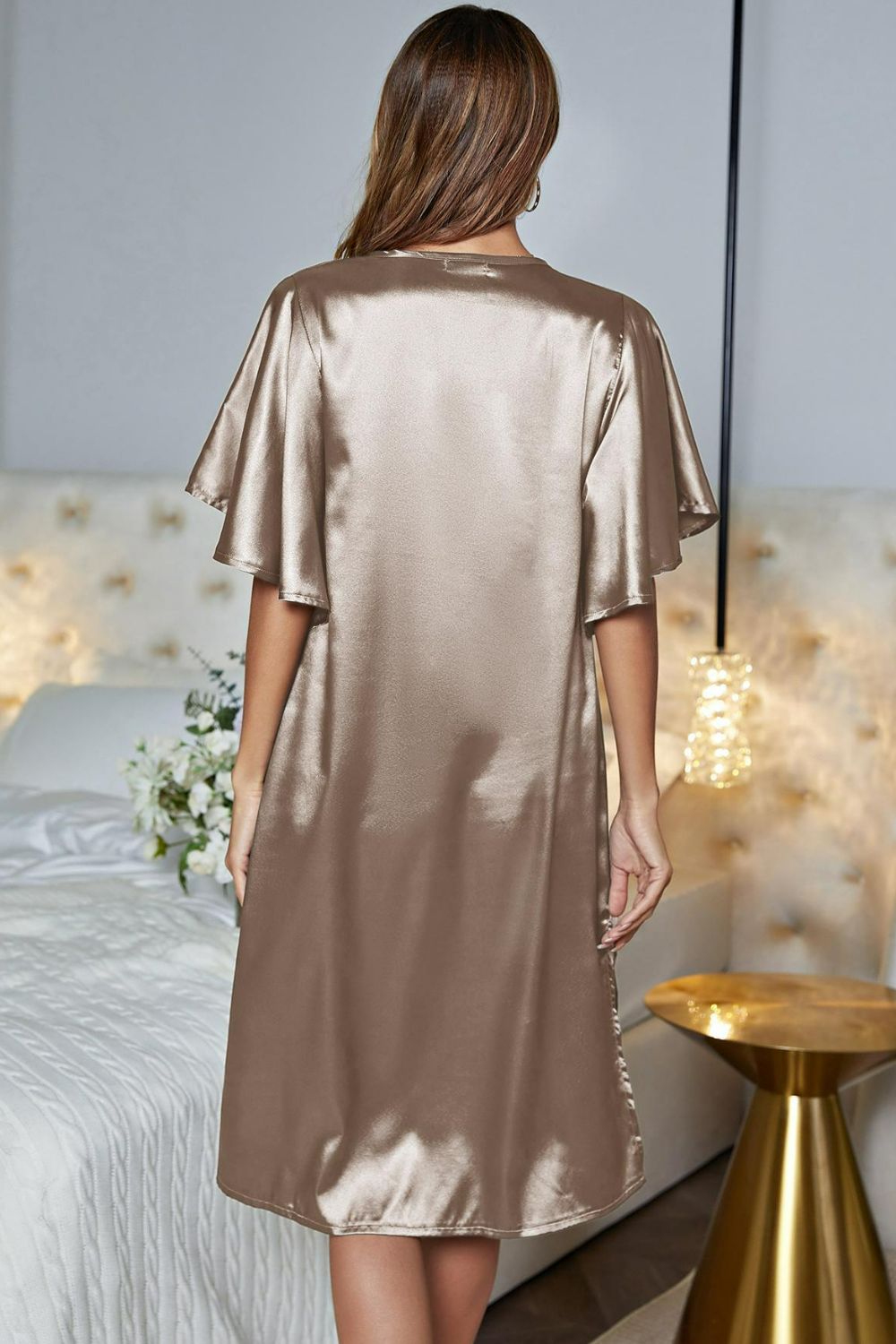 Satin Flutter Sleeve Side Slit V-Neck Night Dress - AllIn Computer