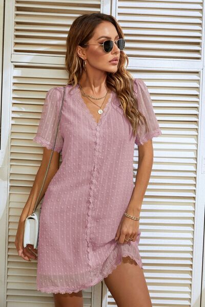 Lace Detail V-Neck Short Sleeve Dress - AllIn Computer
