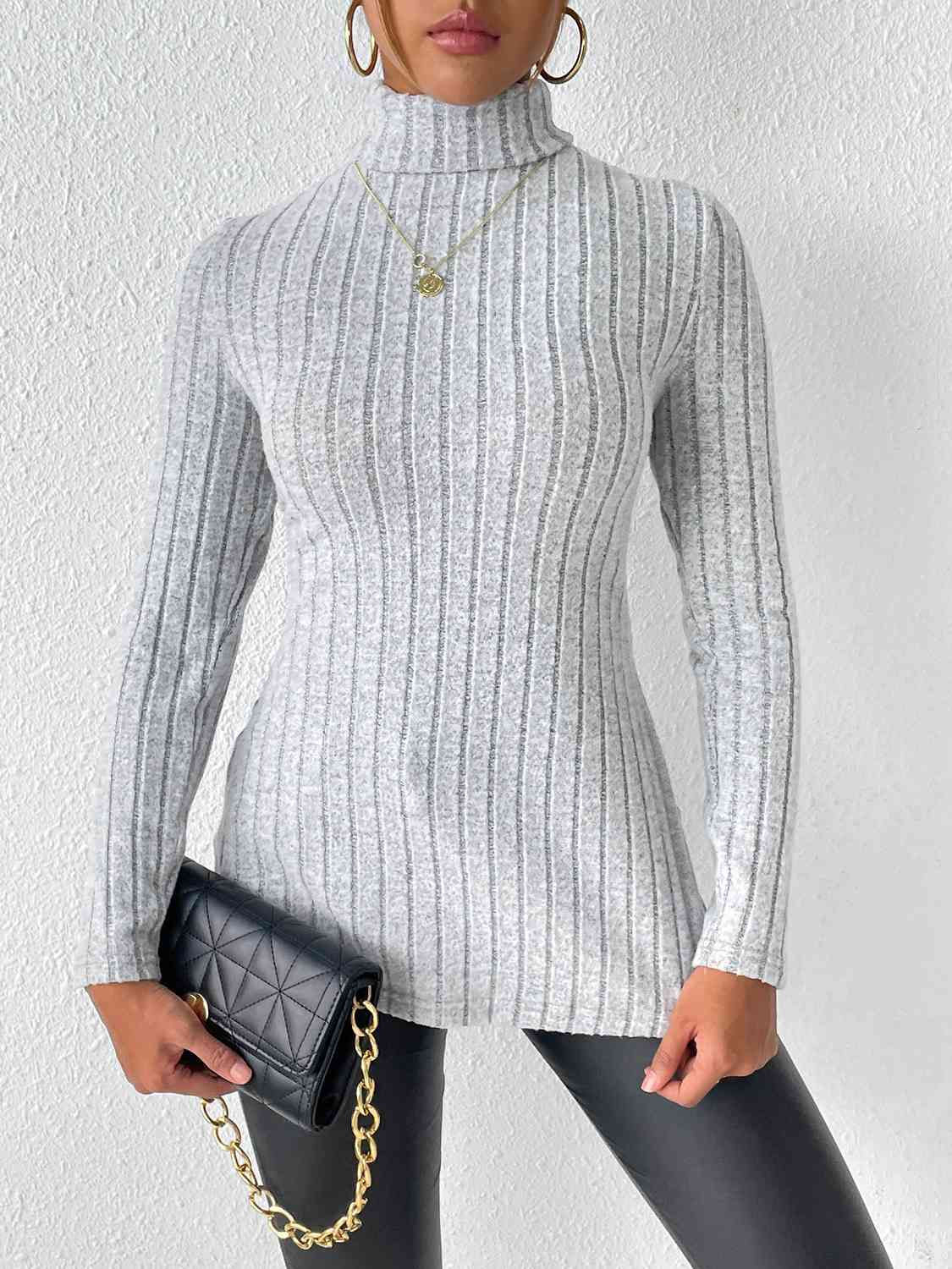 Ribbed Turtleneck Long Sleeve Slit T-Shirt - AllIn Computer