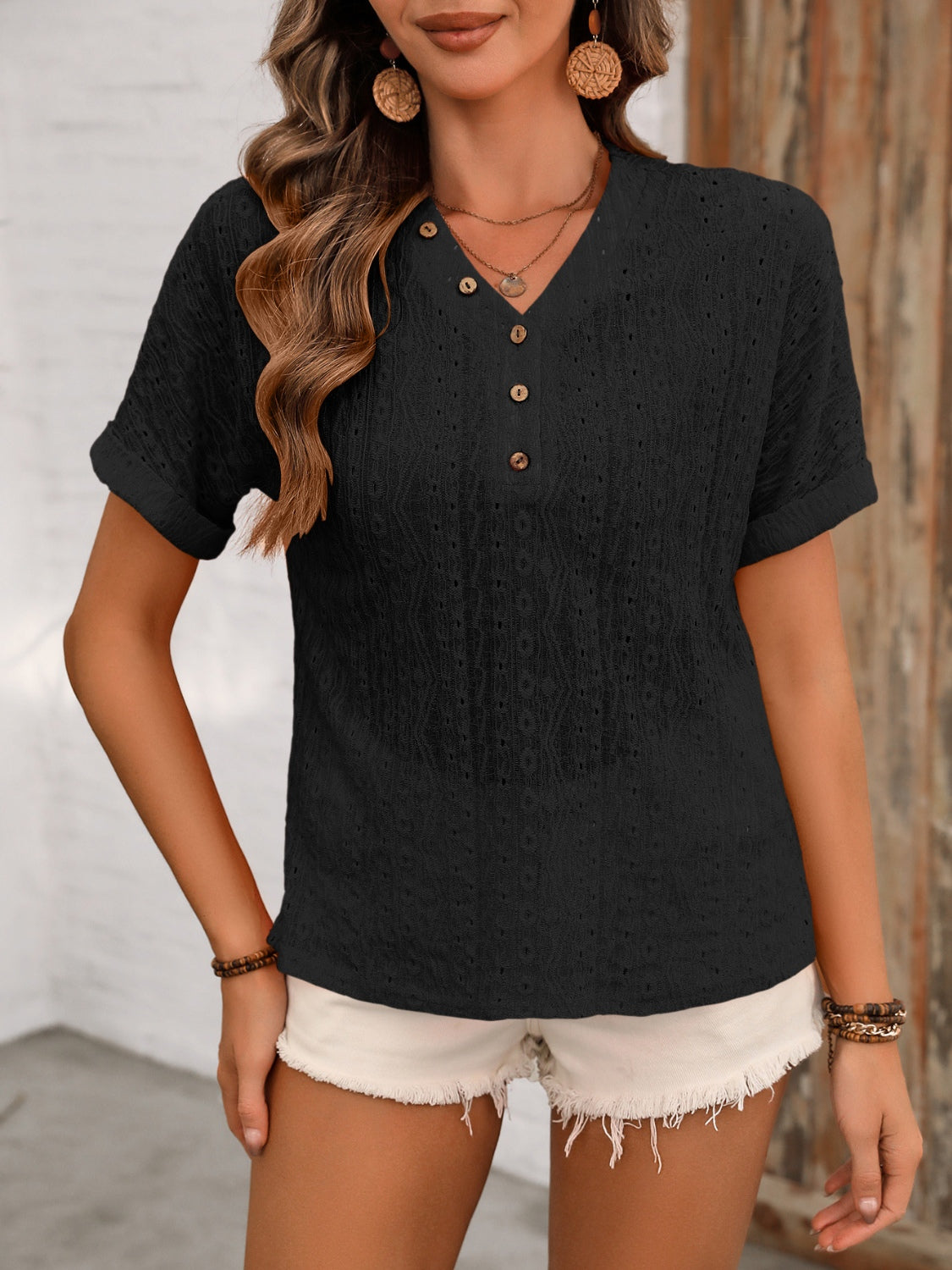 Eyelet V-Neck Short Sleeve Top - AllIn Computer