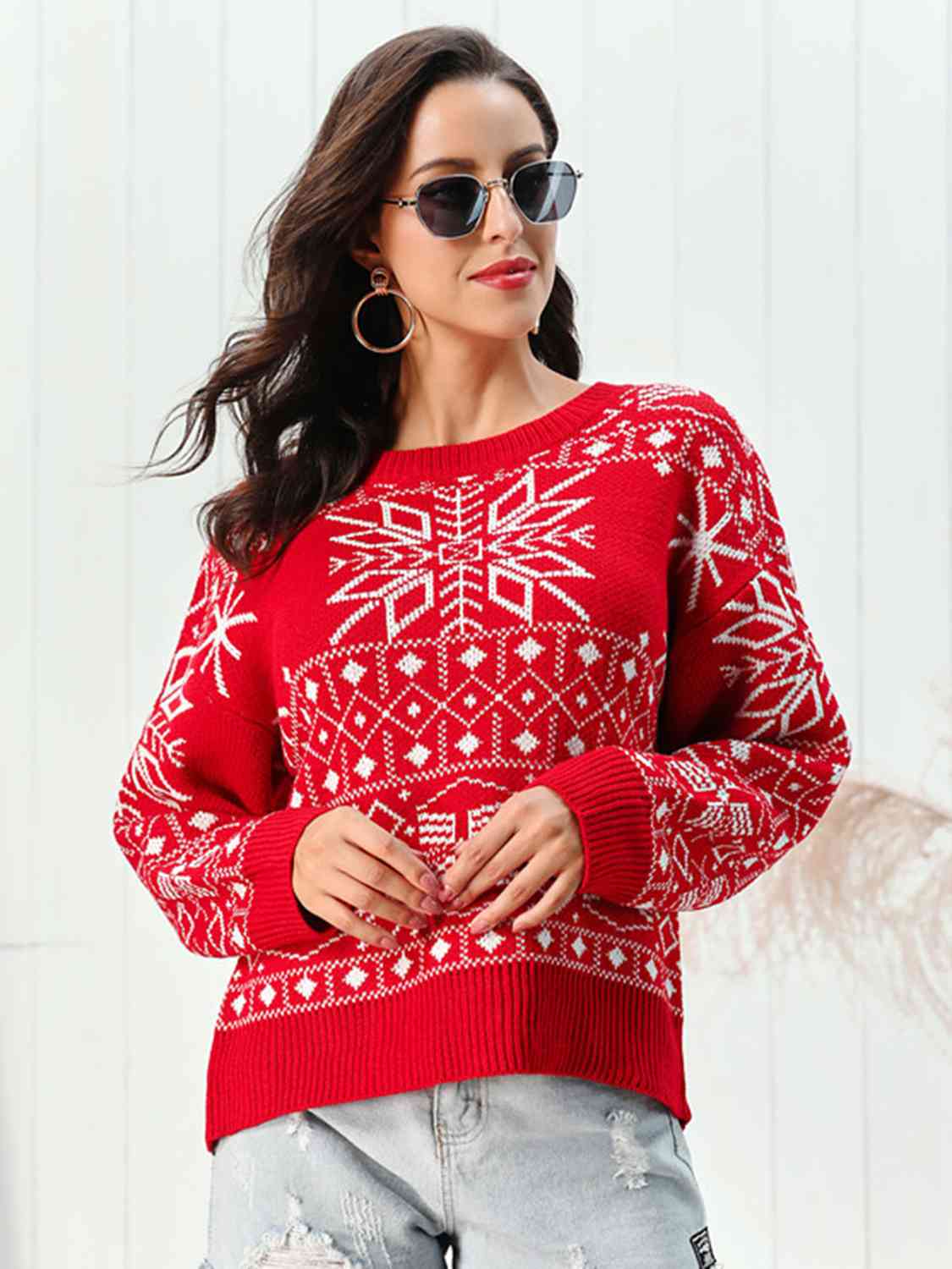 Snowflake Pattern Round Neck Sweater - AllIn Computer