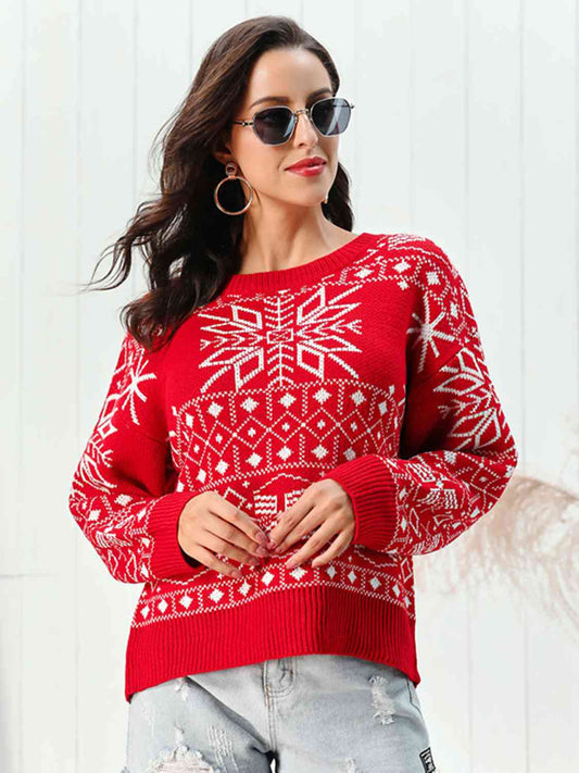 Snowflake Pattern Round Neck Sweater - AllIn Computer