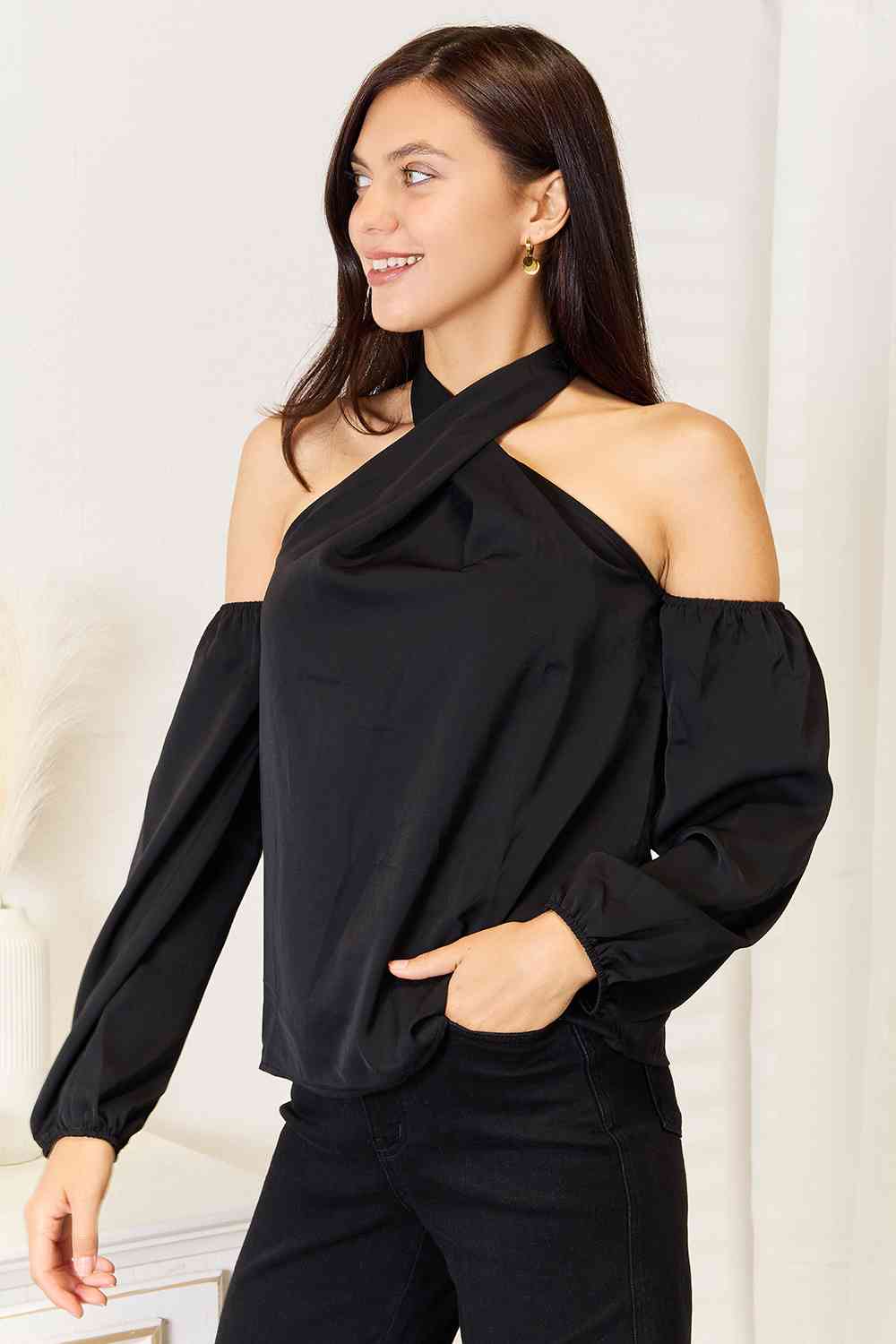 Double Take Grecian Cold Shoulder Long Sleeve Blouse - AllIn Computer