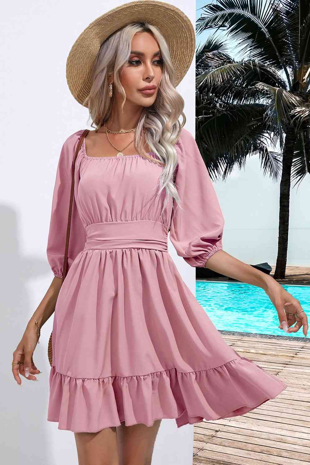 Square Neck Tie Back Ruffle Hem Dress - AllIn Computer