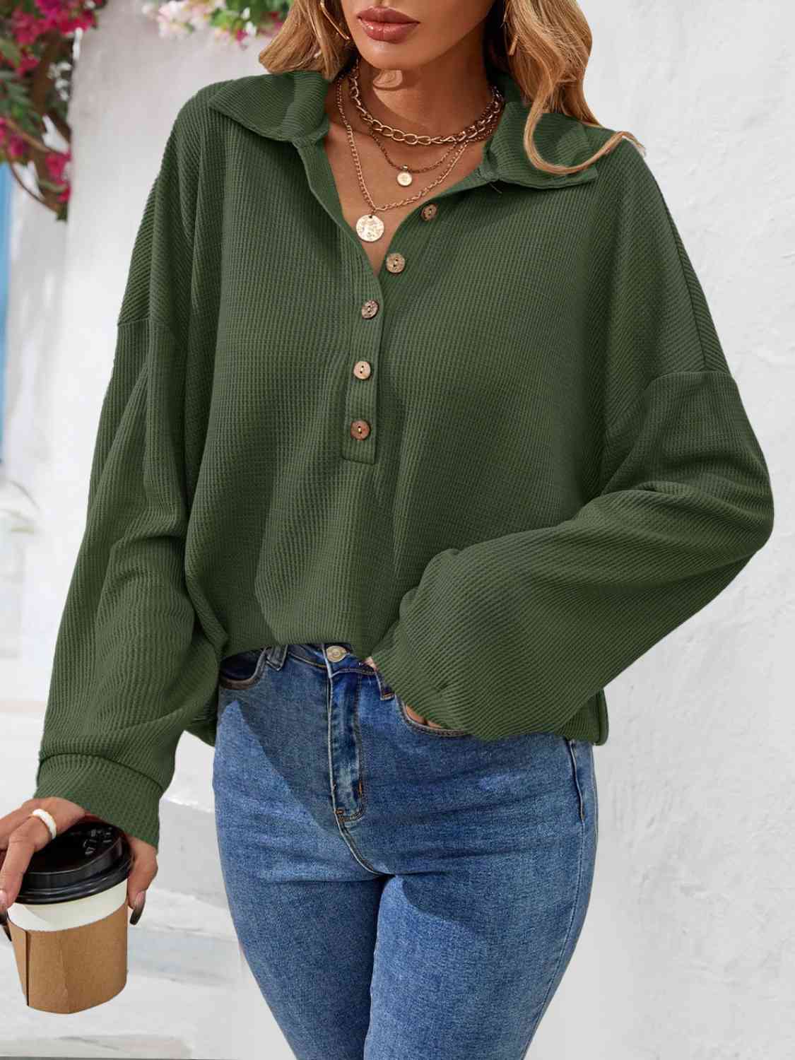 Half Button Collared Neck Long Sleeve Top - AllIn Computer