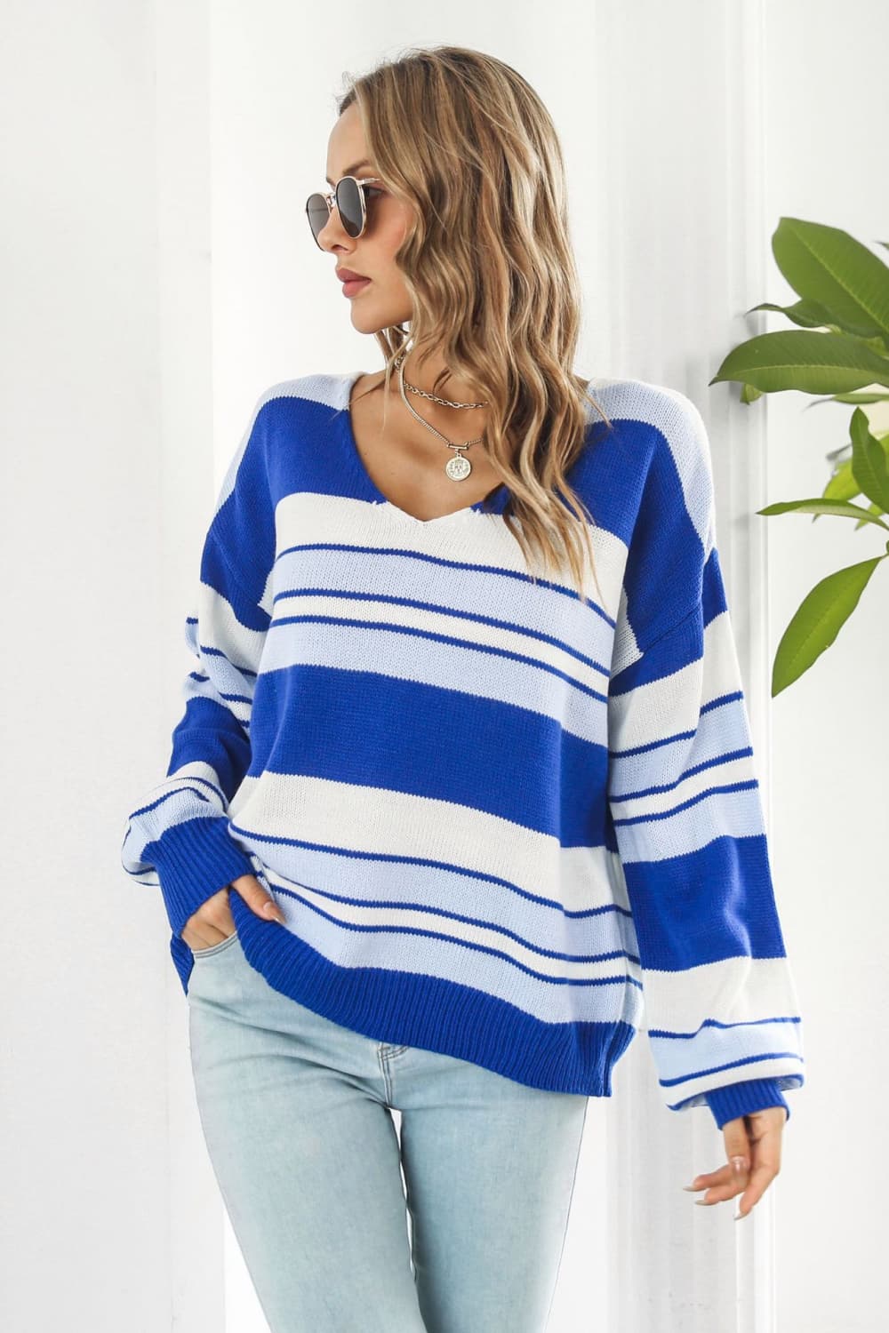 Striped V-Neck Dropped Shoulder Sweater - AllIn Computer