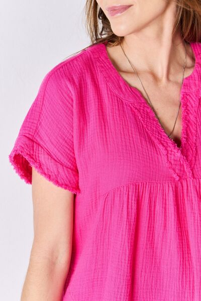 Zenana Full Size Raw Hem Short Sleeve Top - AllIn Computer
