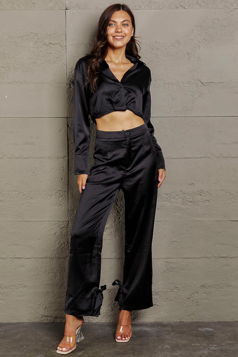 Long Sleeve Cropped Blouse and Tie Detail Long Pants Set - AllIn Computer