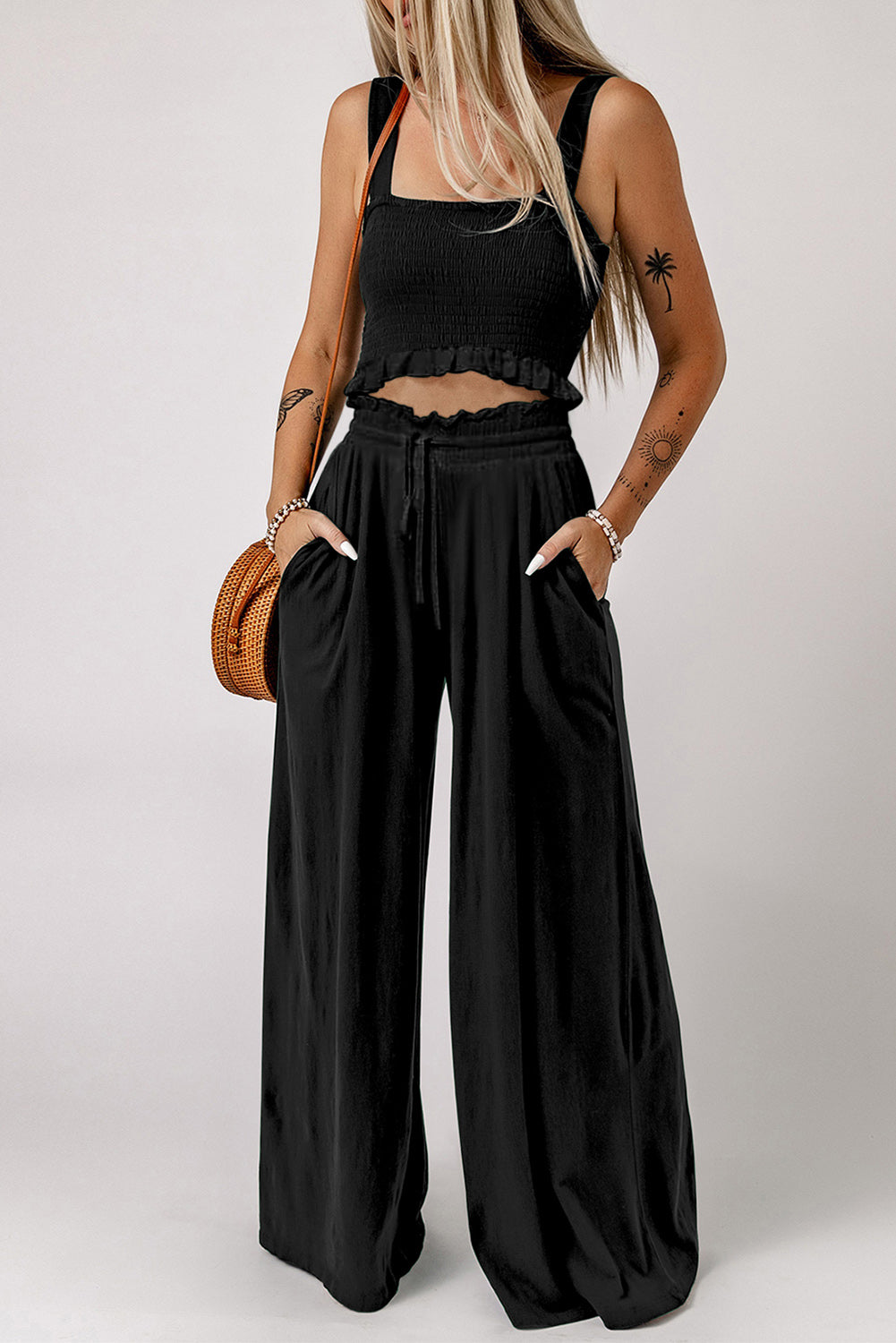 Square Neck Cropped Tank Top and Long Pants Set - AllIn Computer