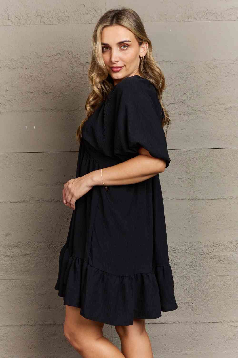 Hailey & Co Comfort Cutie Double V-Neck Puff Sleeve Mini Dress - AllIn Computer