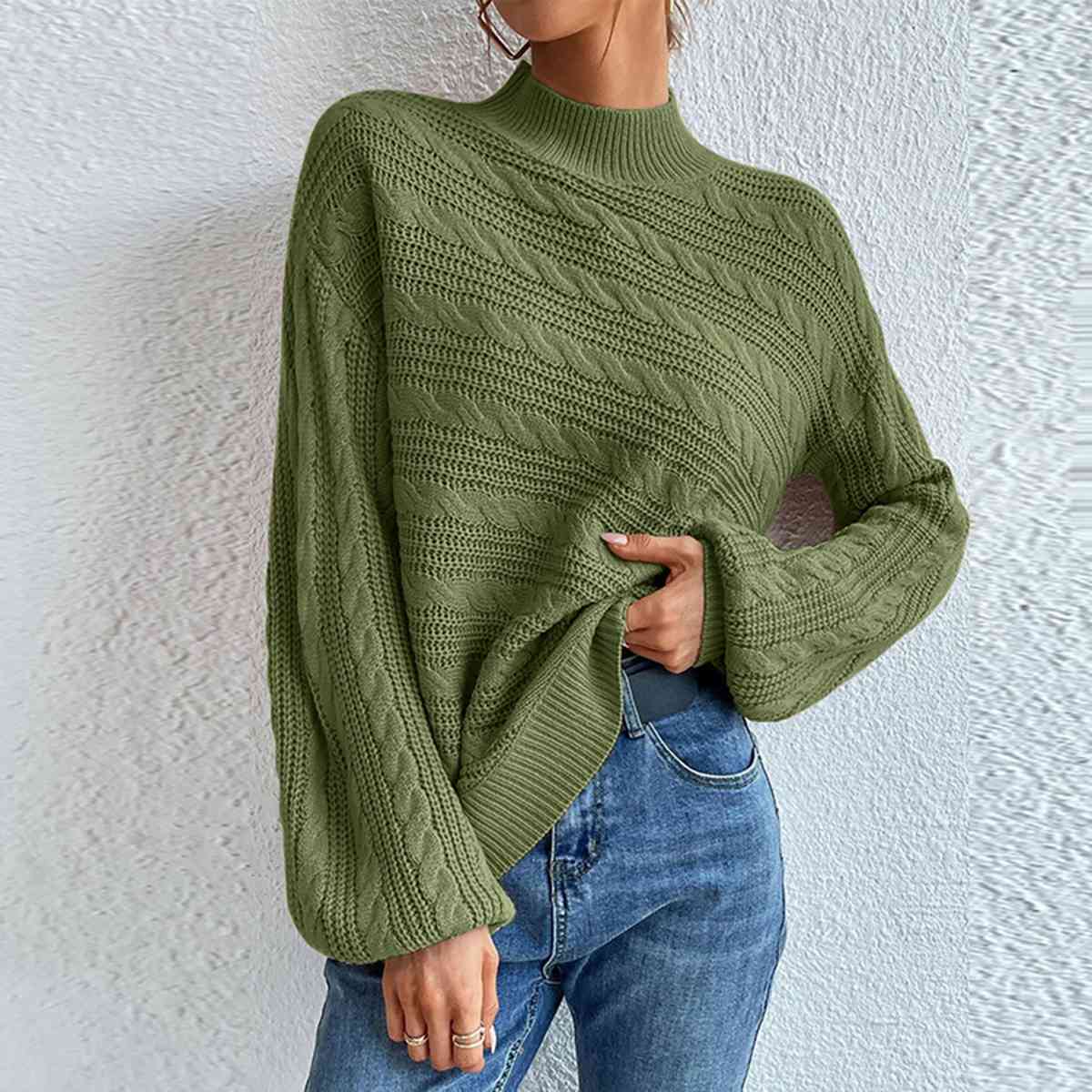 Cable-Knit Mock Neck  Long Sleeve Sweater - AllIn Computer