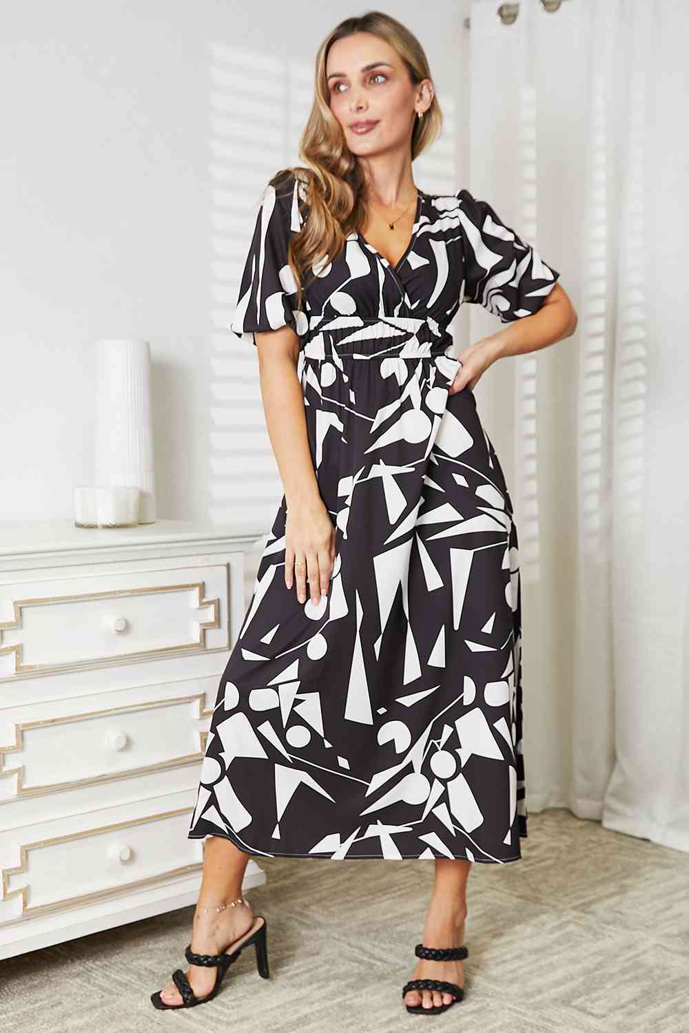 Double Take Printed Surplice Balloon Sleeve Dress - AllIn Computer