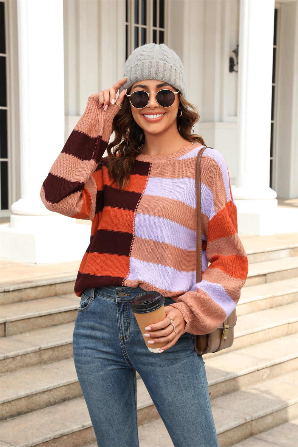 Round Neck Long Sleeve Color Block Dropped Shoulder Pullover Sweater - AllIn Computer