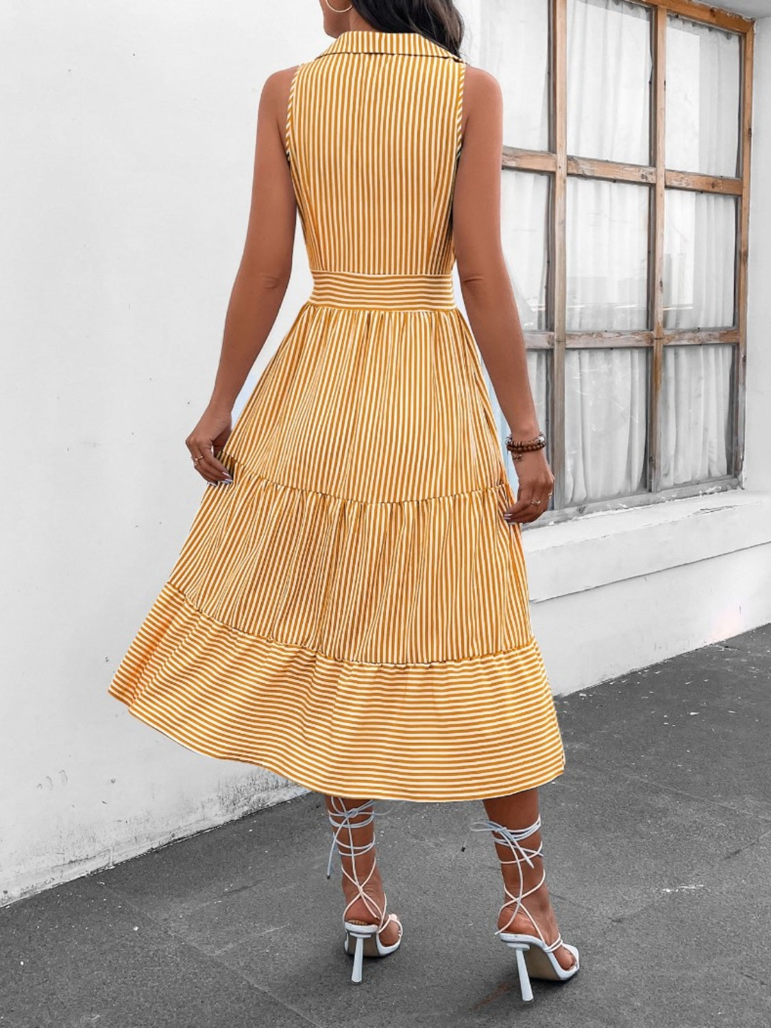 Striped Johnny Collar Sleeveless Midi Dress - AllIn Computer