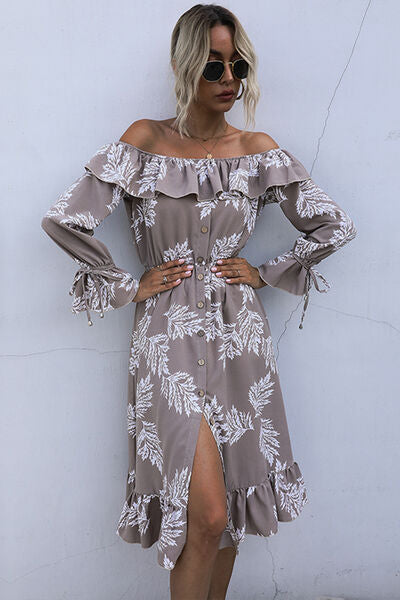 Ruffled Printed Off-Shoulder Midi Dress - AllIn Computer