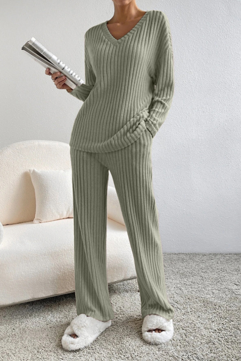 Ribbed V-Neck Top and Pants Set - AllIn Computer