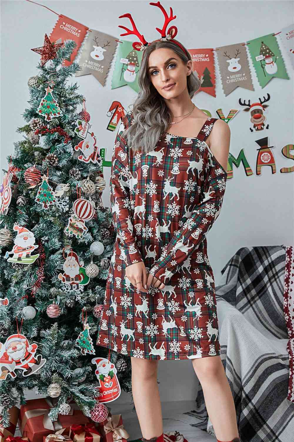 Christmas Asymmetrical Neck Long Sleeve Dress - AllIn Computer