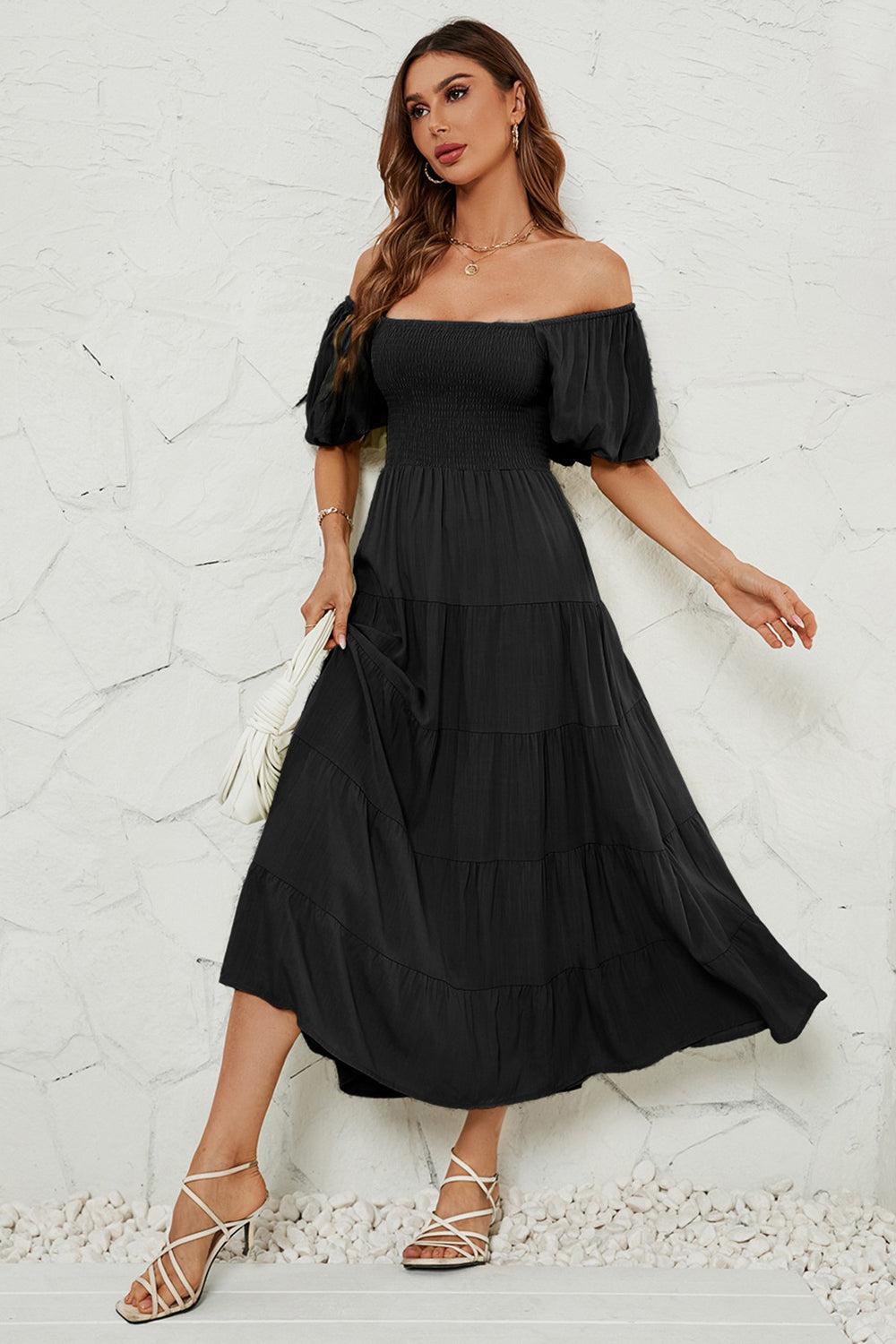 Smocked Square Neck Puff Sleeve Dress - AllIn Computer