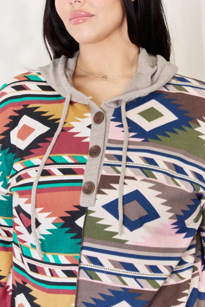 Celeste Full Size Geometric Exposed Seam Drawstring Hoodie - AllIn Computer