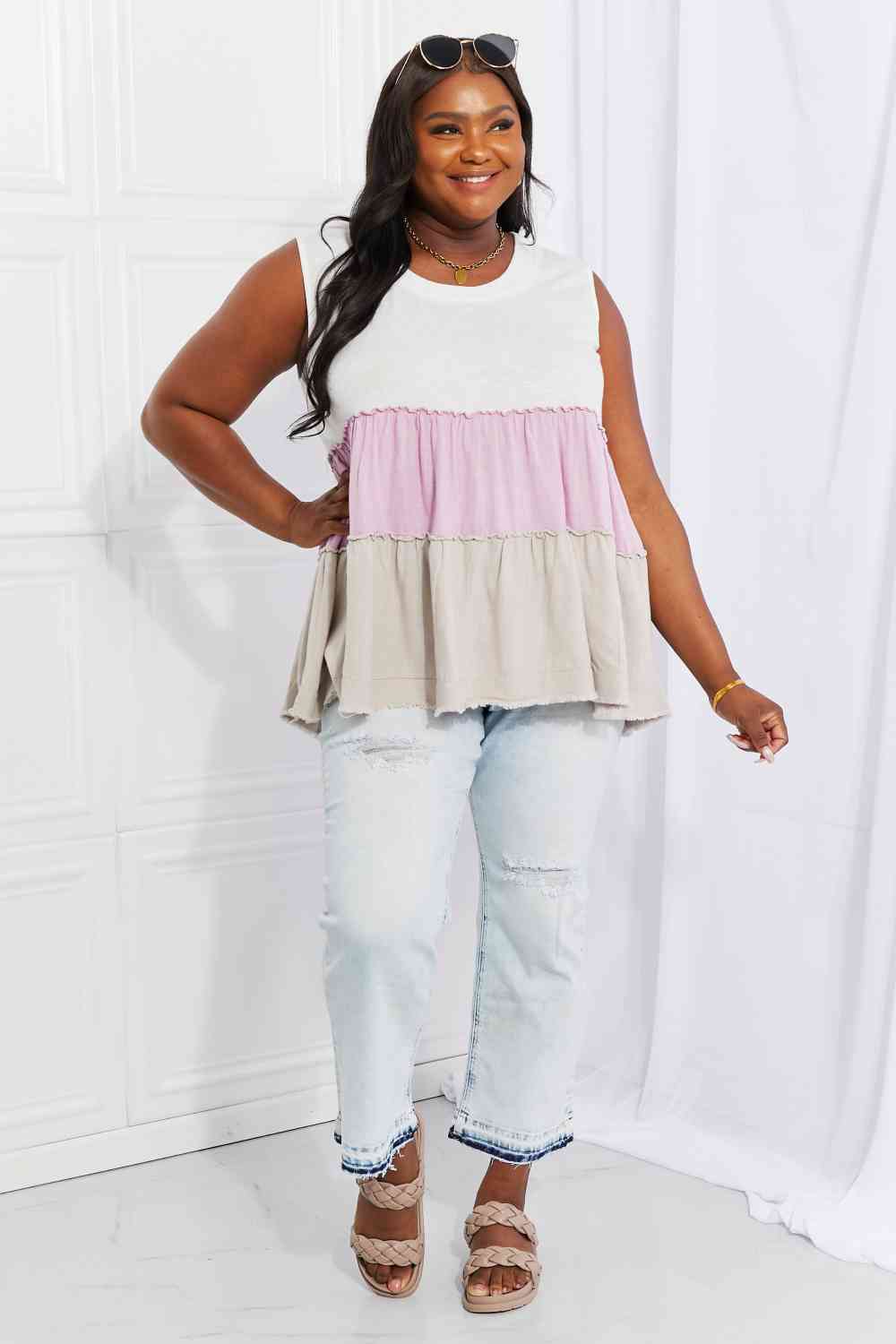 White Birch Full Size Watching the Sunset Color Block Babydoll Top - AllIn Computer