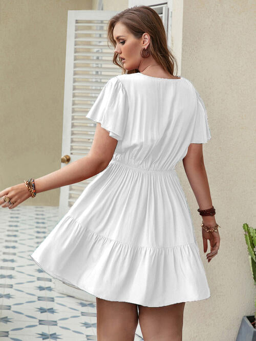 Double Take Plus Size Ruffle Hem V-Neck Short Sleeve Dress - AllIn Computer