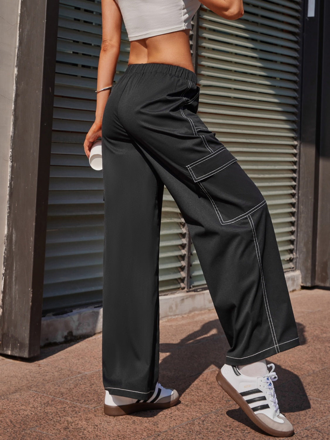 Contrast Stitching Pocketed Wide Leg Pants - AllIn Computer