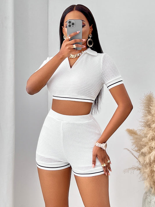 Waffle-Knit Collared Neck Cropped Top and Shorts Set - AllIn Computer