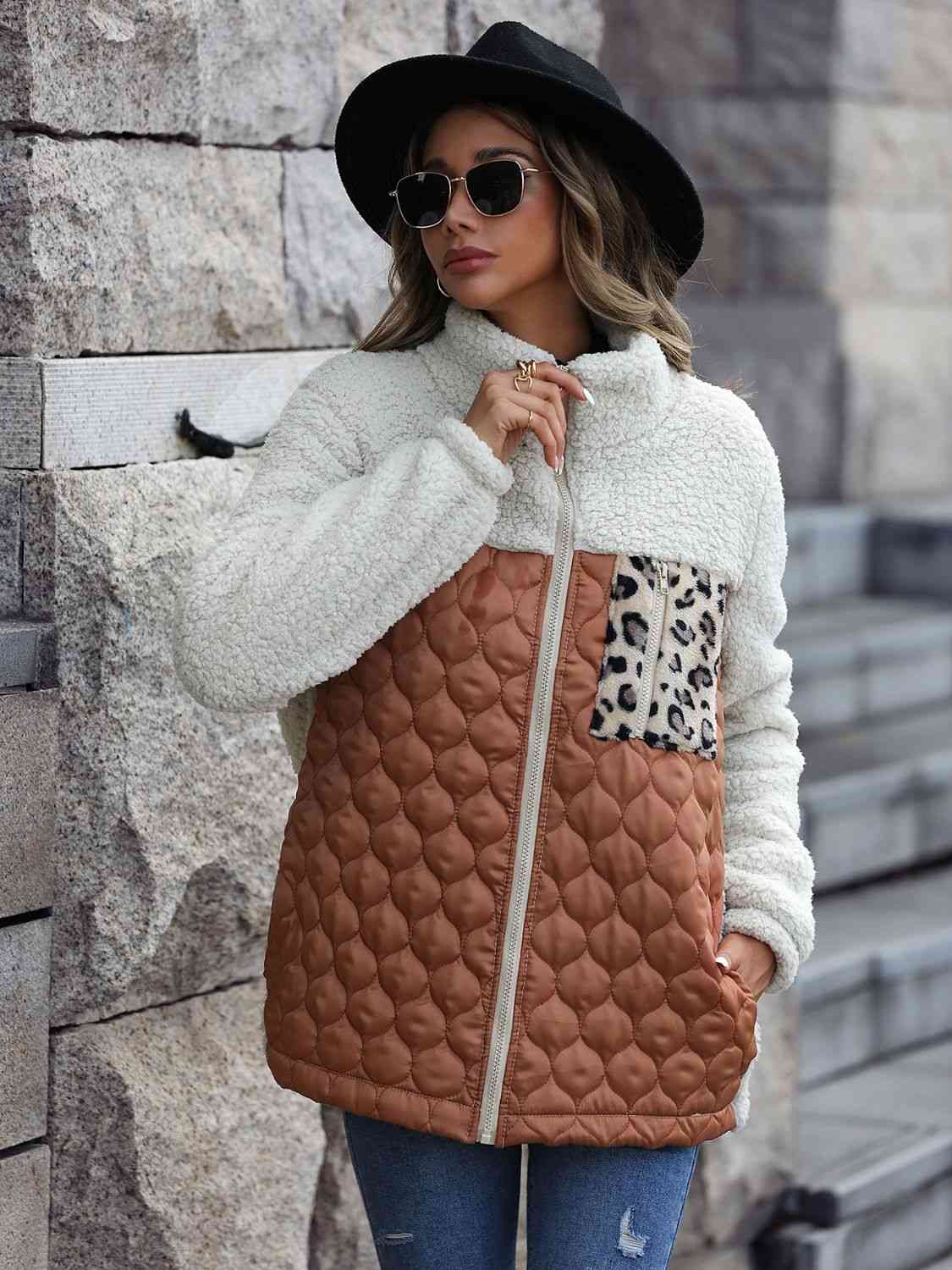 Leopard Color Block Zip-Up Jacket - AllIn Computer