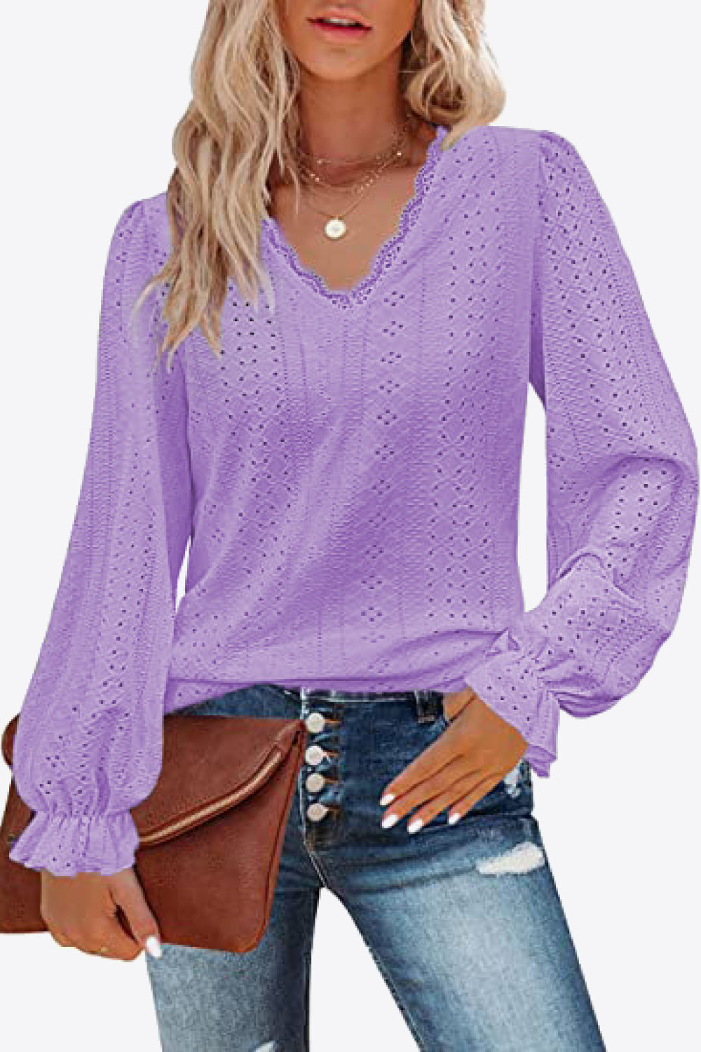 Eyelet V-Neck Flounce Sleeve Blouse - AllIn Computer