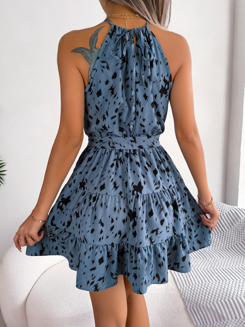 Halter Neck Printed Tie Waist Sleeveless Mini Dress - AllIn Computer