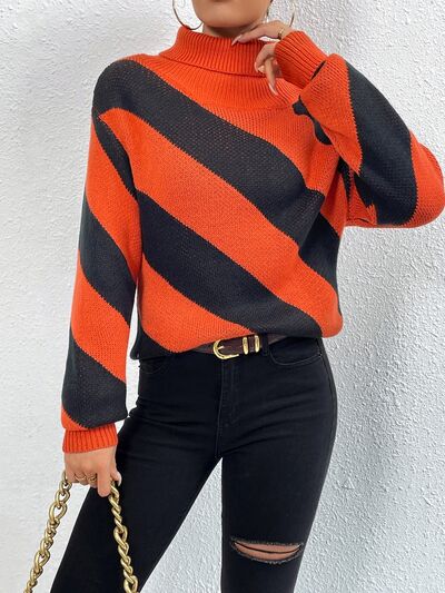 Striped Turtleneck Dropped Shoulder Sweater - AllIn Computer