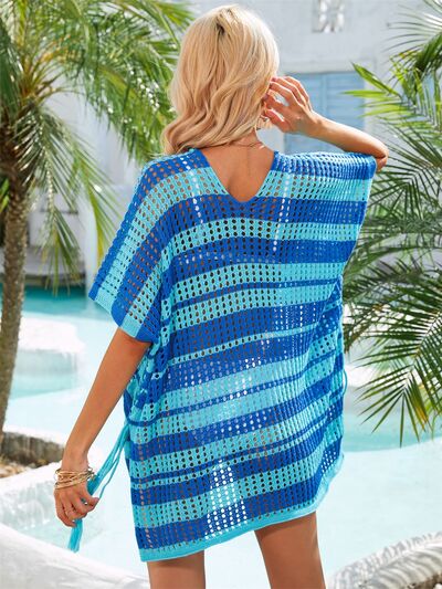 Tassel Openwork Striped V-Neck Cover Up - AllIn Computer