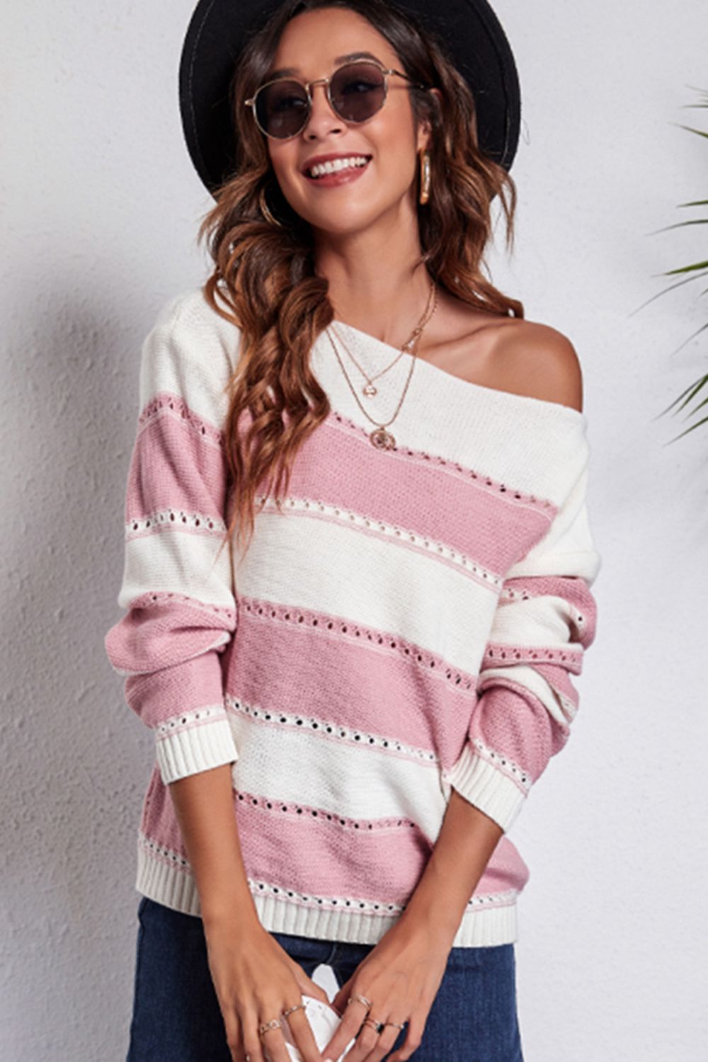 Striped Boat Neck Dropped Shoulder Sweater - AllIn Computer