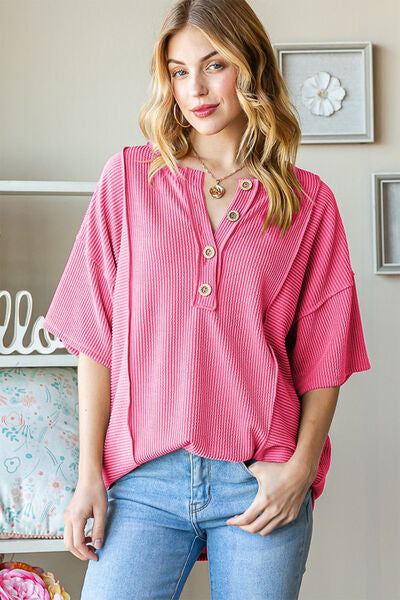 Heimish Full Size Ribbed Half Button Drop Shoulder Top - AllIn Computer