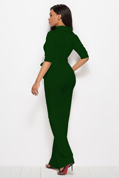Mock Neck Tie-Waist Half Sleeve Jumpsuit - AllIn Computer