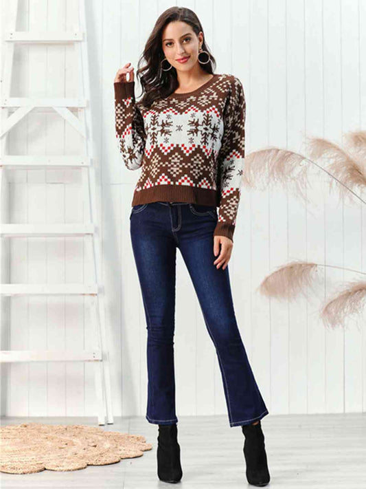 Snowflake Pattern Round Neck Sweater - AllIn Computer