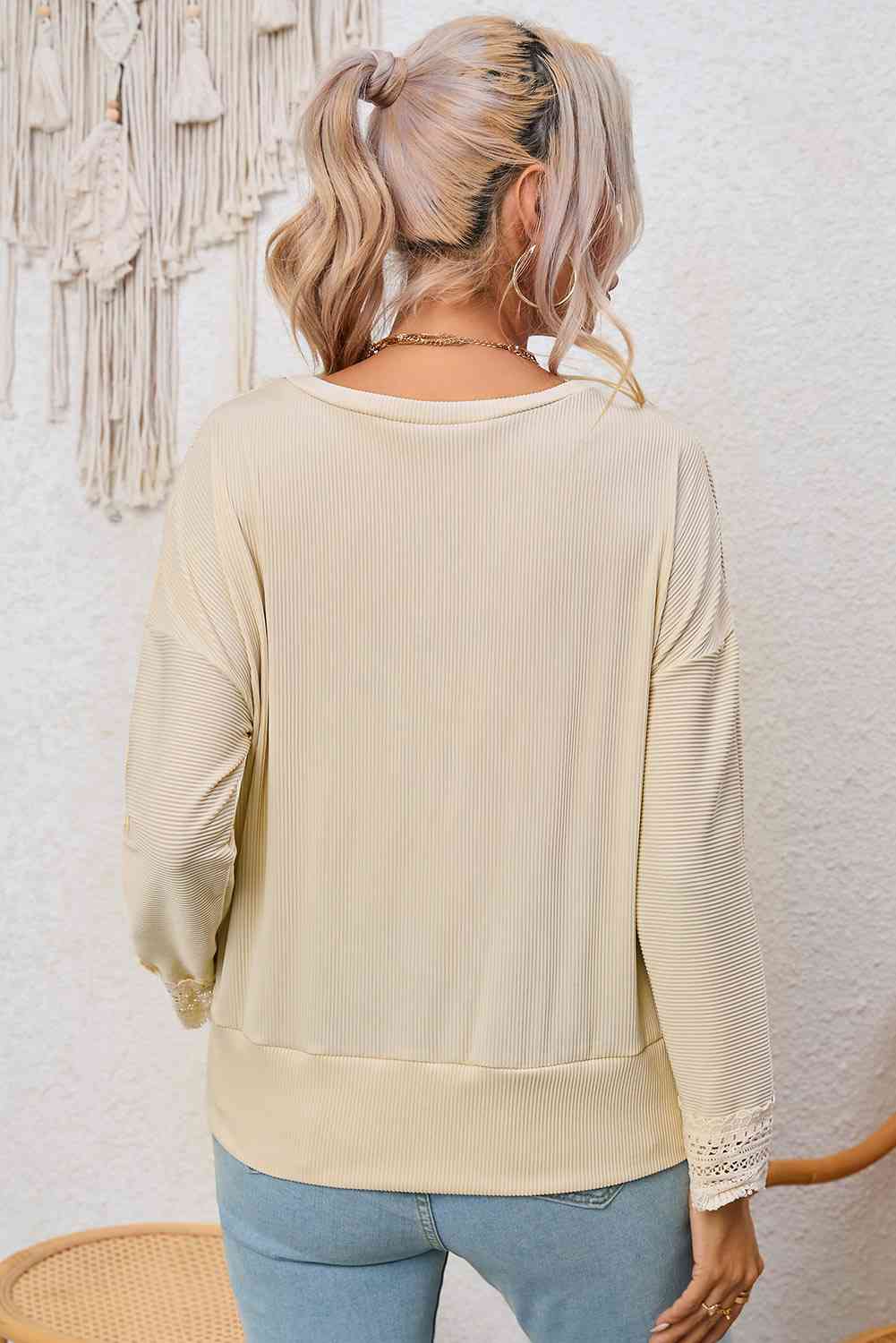 Spliced Lace V-Neck Ribbed Top - AllIn Computer