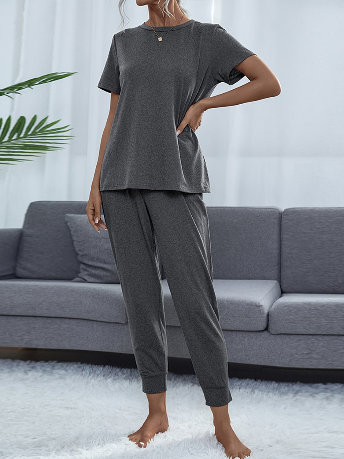 Round Neck Short Sleeve Top and Pants Set - AllIn Computer