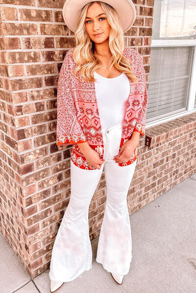 Open Front Printed Kimono Sleeve Cardigan - AllIn Computer