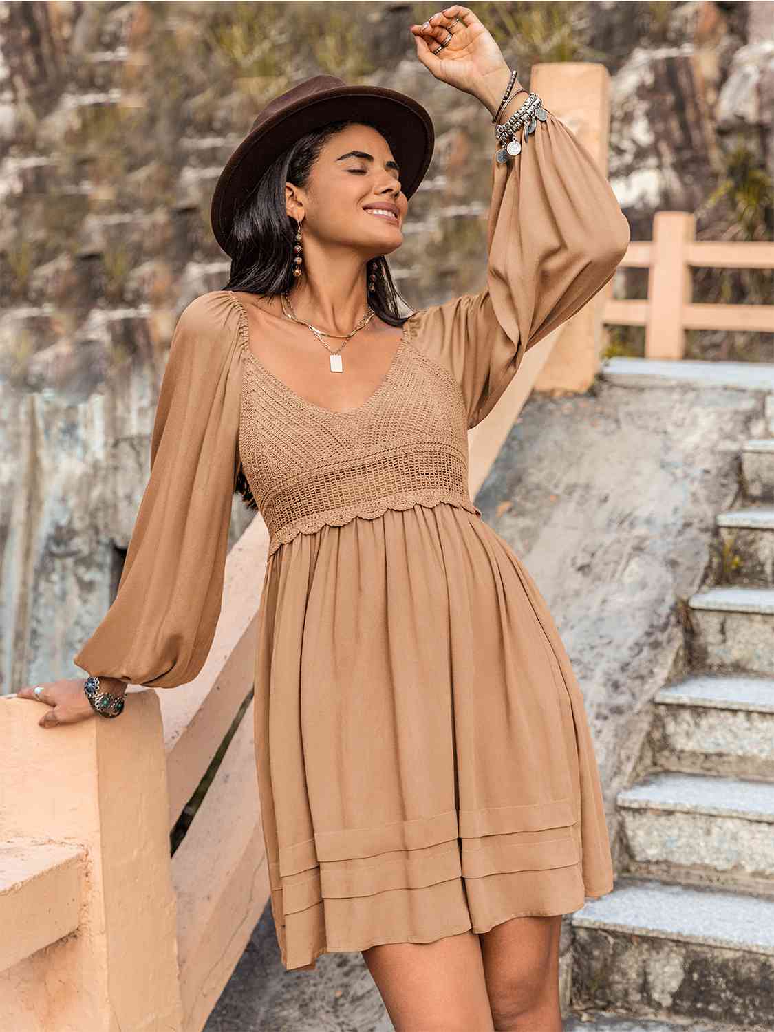 Crochet V-Neck Balloon Sleeve Dress - AllIn Computer