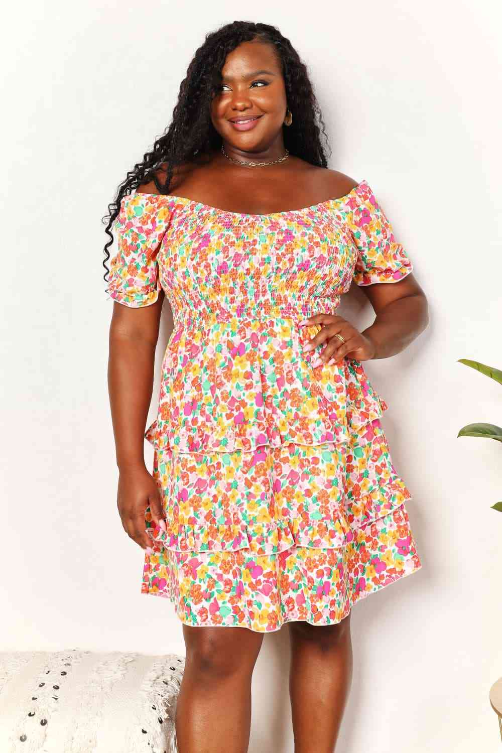 Double Take Smocked Sweetheart Neck Flounce Sleeve Mini Dress - AllIn Computer