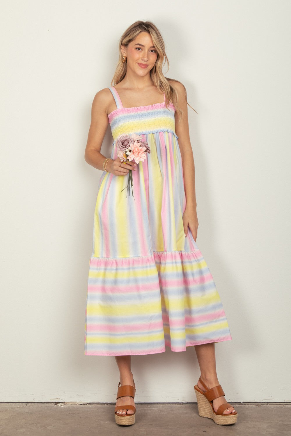 VERY J Striped Woven Smocked Midi Cami Dress - AllIn Computer