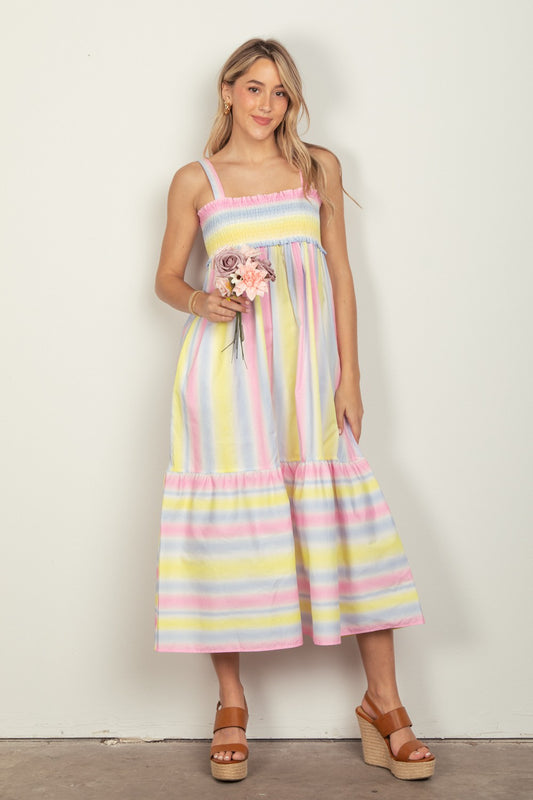 VERY J Striped Woven Smocked Midi Cami Dress - AllIn Computer