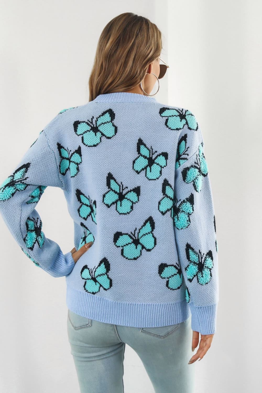 Butterfly Pattern Round Neck Dropped Shoulder Sweater - AllIn Computer