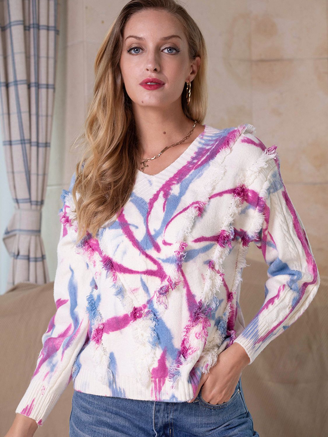 Contrast Fringe Trim V-Neck Sweater - AllIn Computer