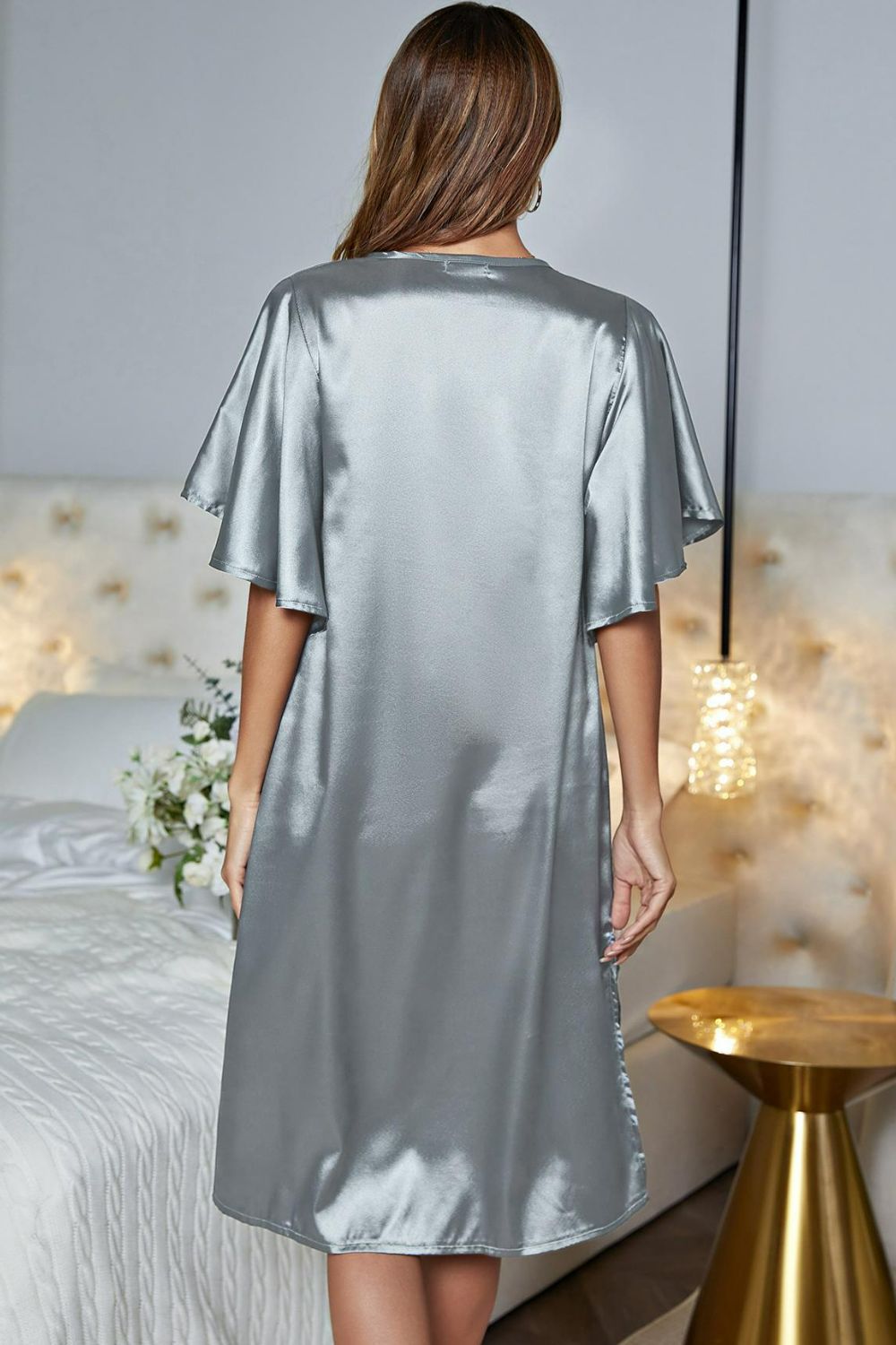 Satin Flutter Sleeve Side Slit V-Neck Night Dress - AllIn Computer