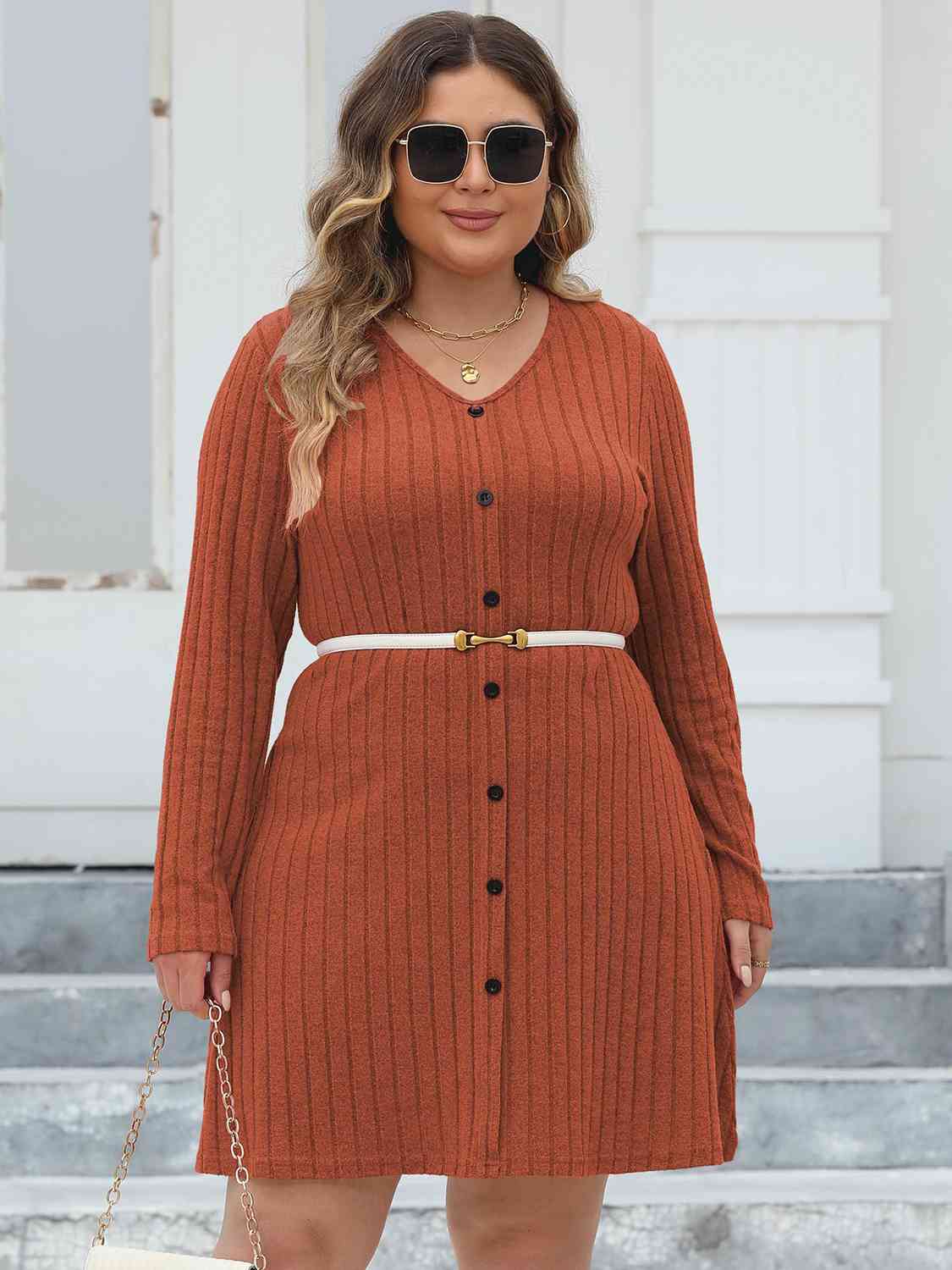 Plus Size Ribbed Buttoned V-Neck Long Sleeve Dress - AllIn Computer