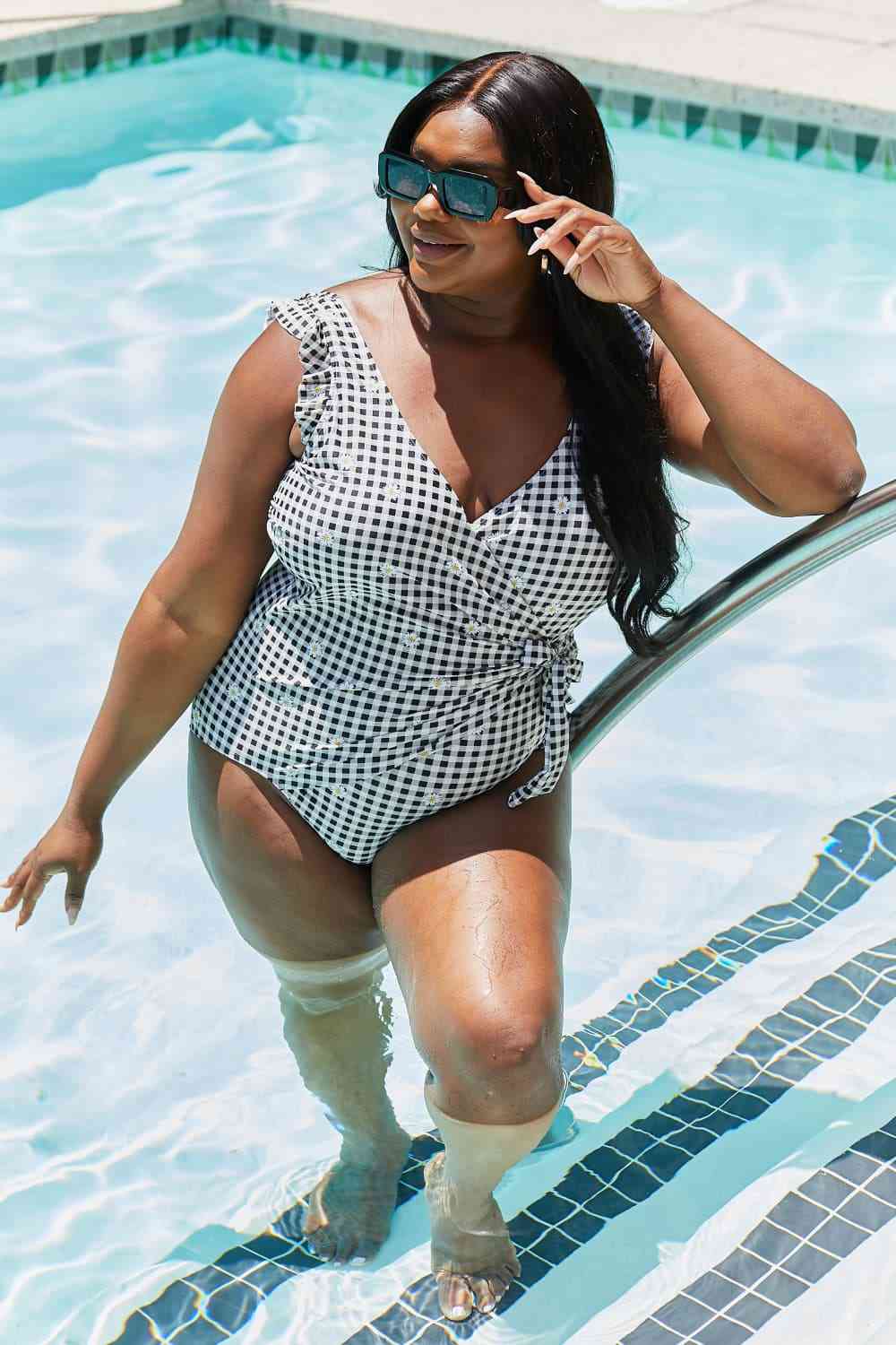 Marina West Swim Full Size Float On Ruffle Faux Wrap One-Piece in Black - AllIn Computer