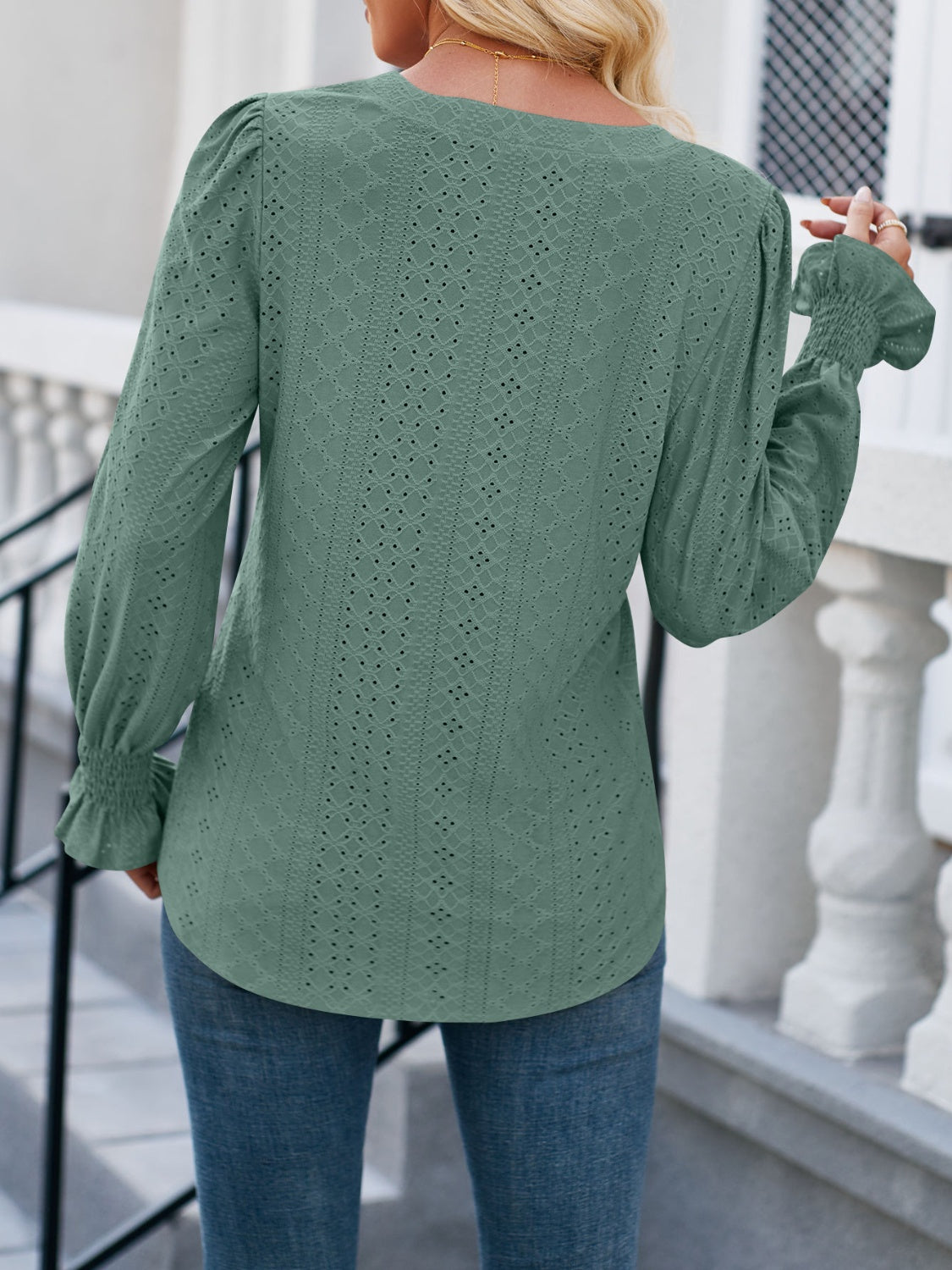 Eyelet Notched Flounce Sleeve Blouse - AllIn Computer